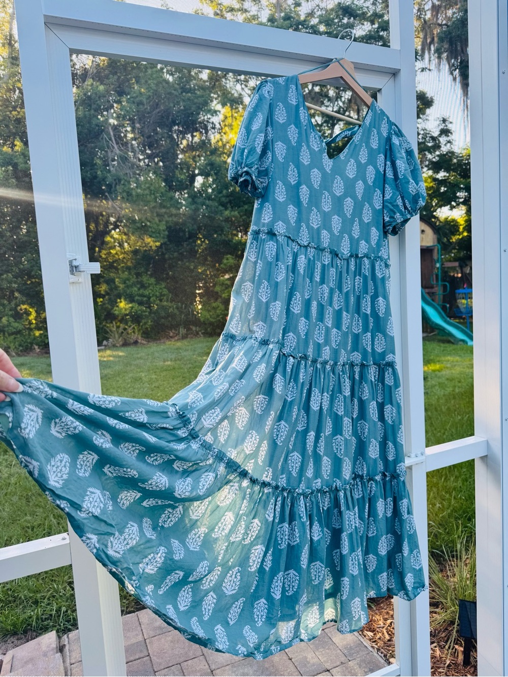 Lucky Brand Teal Maxi Dress with White Leaf Print